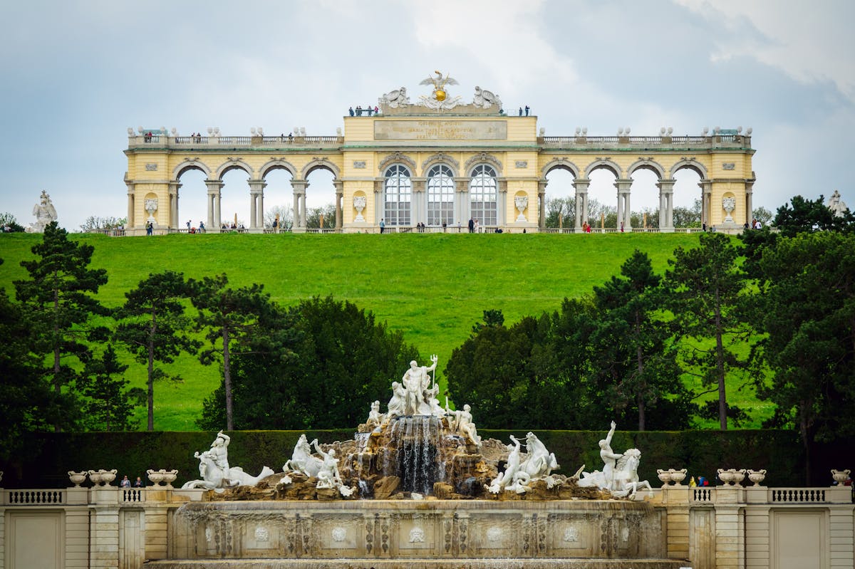 The Gloriette monument on the hilltop at Schonbrunn Palace gardens