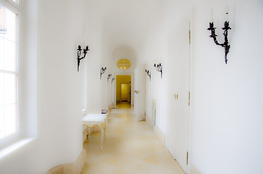 Long interior corridor inside Gödöllő Palace