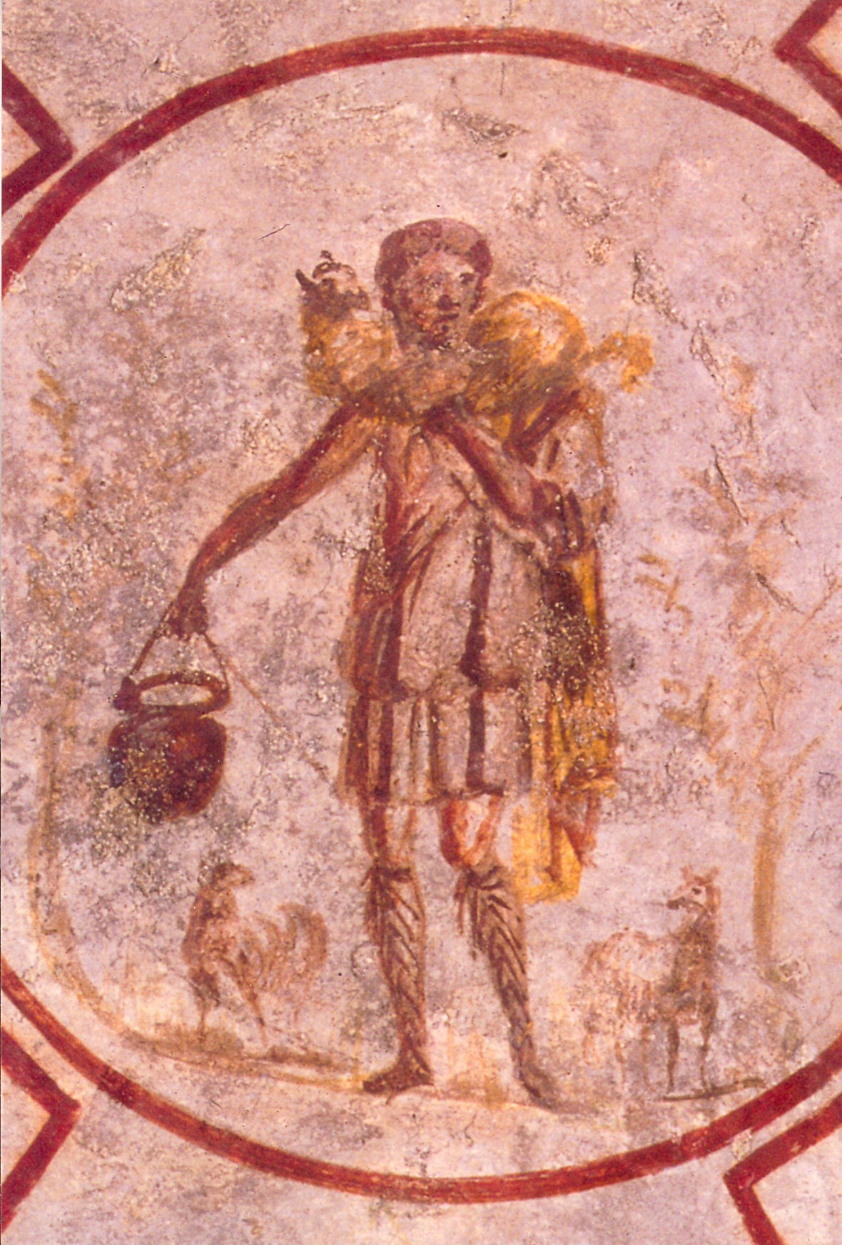 Ancient Good Shepherd fresco painting from the ceiling of the Catacombs of San Callisto in Rome