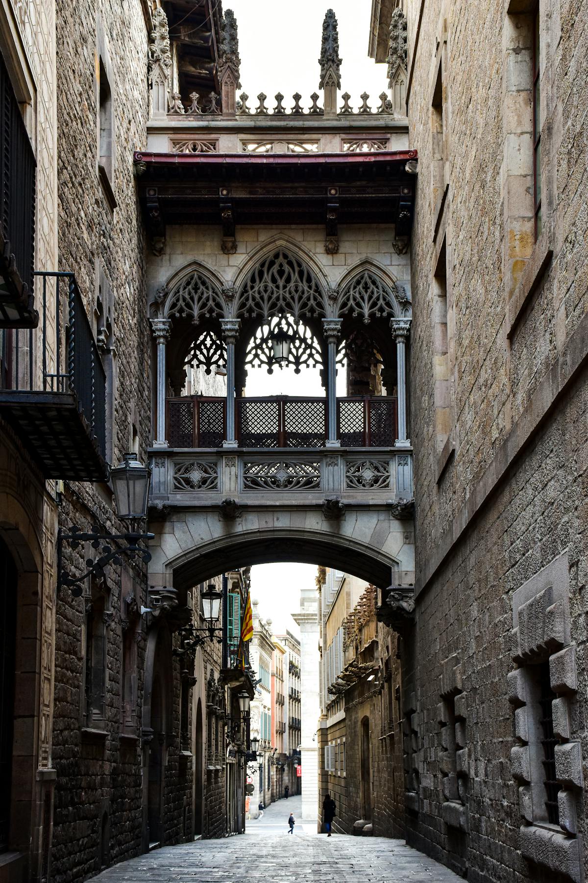 Arched stone alley in Barcelona Gothic Quarter