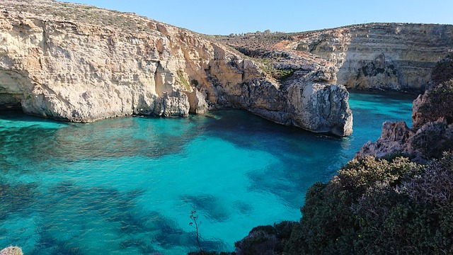 Blue Lagoon cove in Gozo Malta with crystal clear water