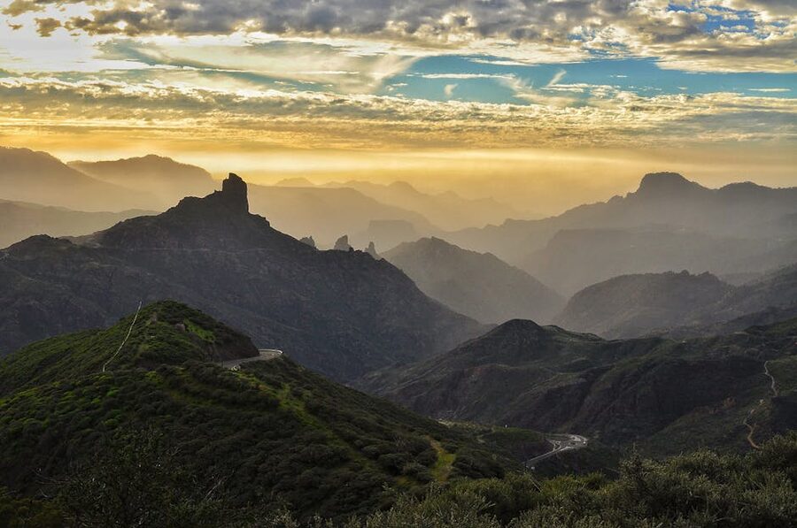 Mountain road at sunset in Gran Canaria with scenic peaks
