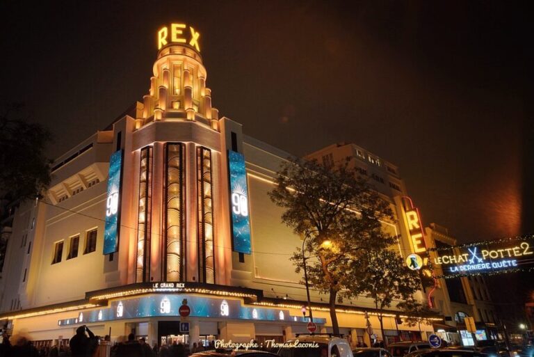 The restored Art Deco facade of Le Grand Rex cinema on Boulevard Poissonniere in Paris