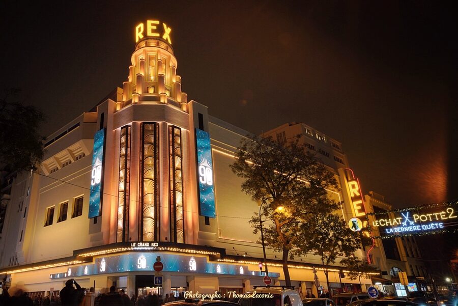 The restored Art Deco facade of Le Grand Rex cinema on Boulevard Poissonniere in Paris