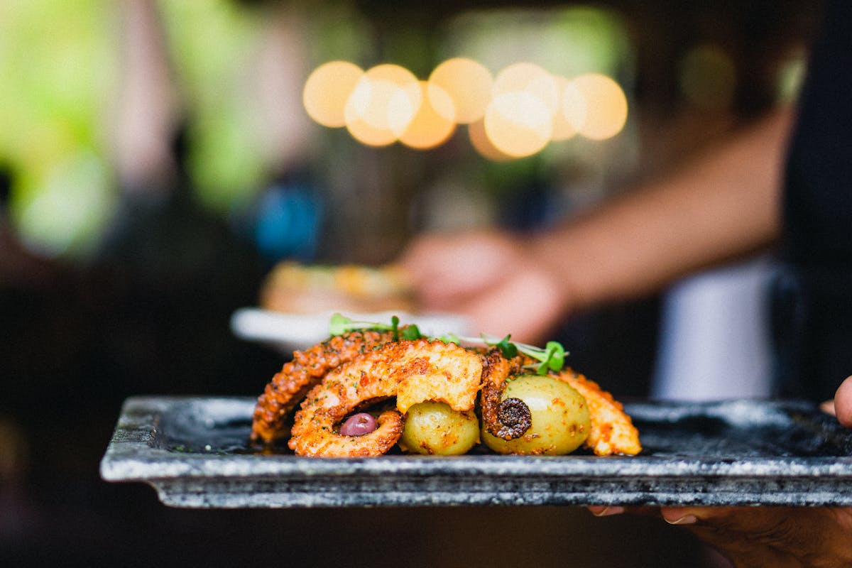 Perfectly grilled octopus tentacle plated with olives in Mediterranean style