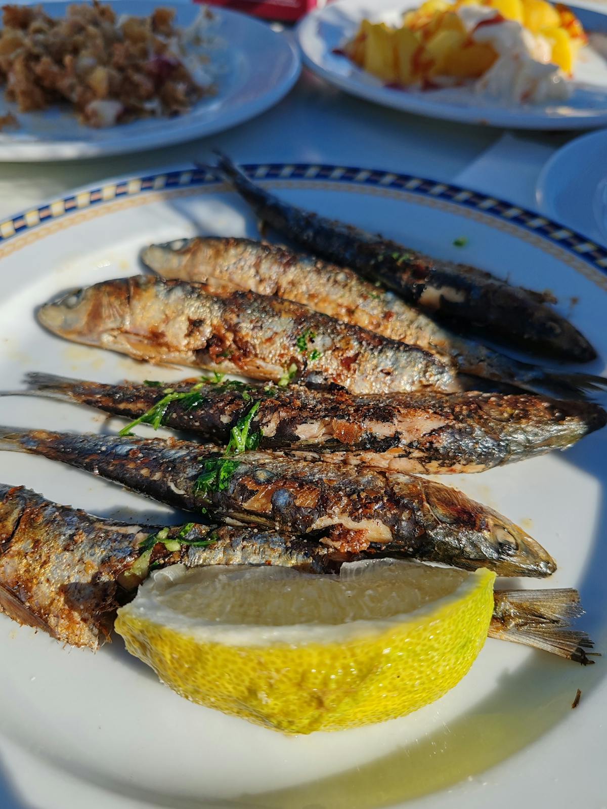 Grilled sardines with herbs and lemon on a white plate