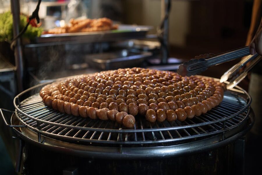 Grilled sausages at a market