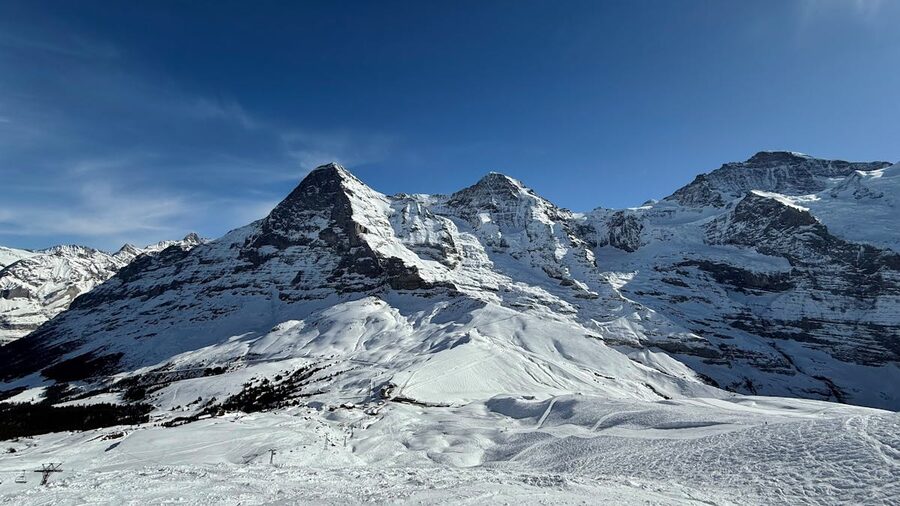 Snow-covered alpine peaks above Grindelwald village in the Swiss Alps