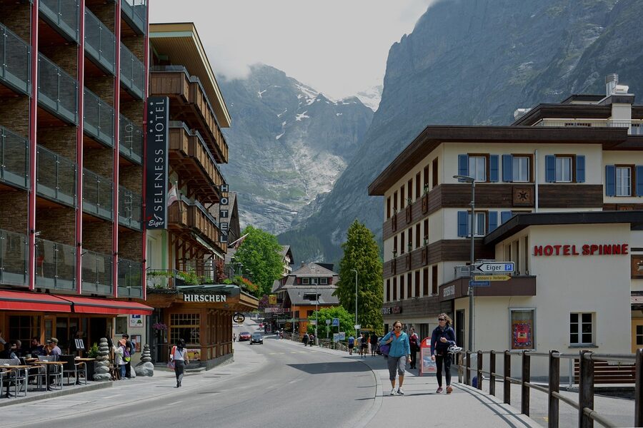 Traditional Swiss village of Grindelwald with the Eiger mountain in the background