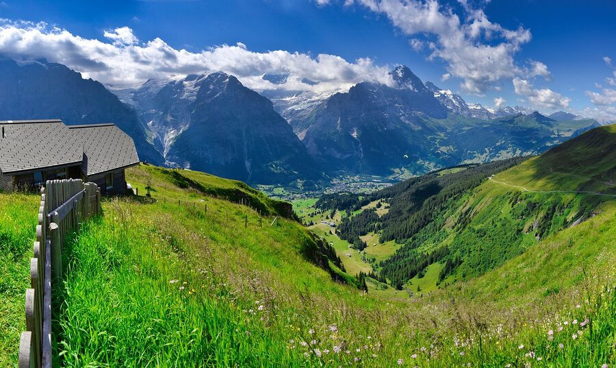Grindelwald alpine village with mountains in summer Switzerland