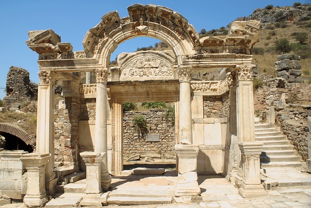 The Temple of Hadrian at Ephesus showing ornate arched facade with carved reliefs
