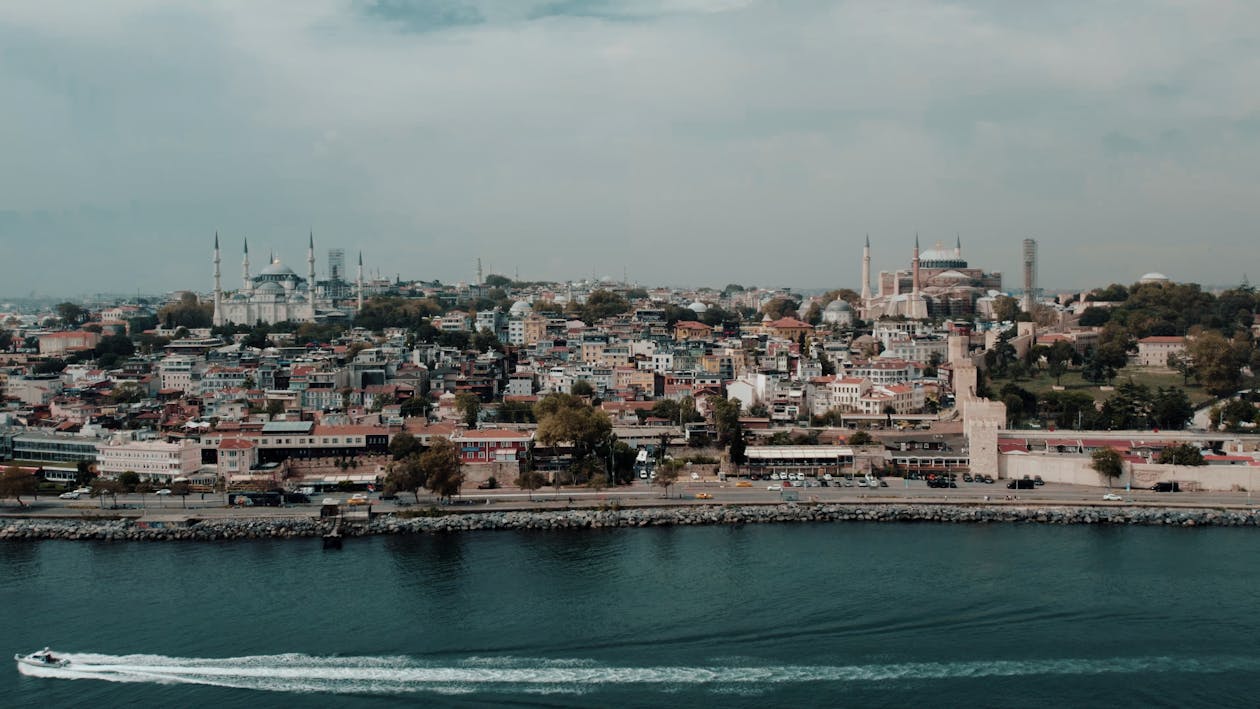 Aerial view of Istanbul skyline showing Hagia Sophia and Blue Mosque