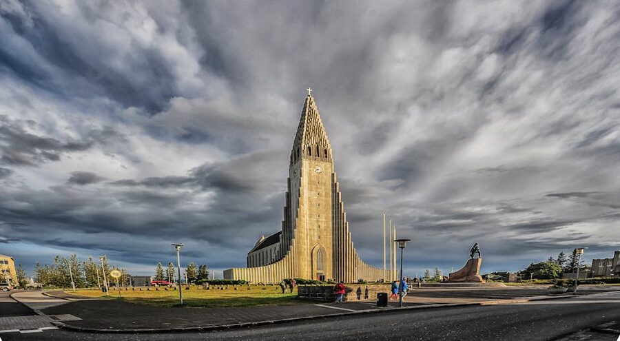Hallgrimskirkja church under dramatic clouds Reykjavik