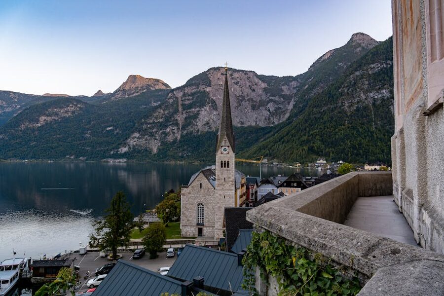 Hallstatt church and lake at dusk