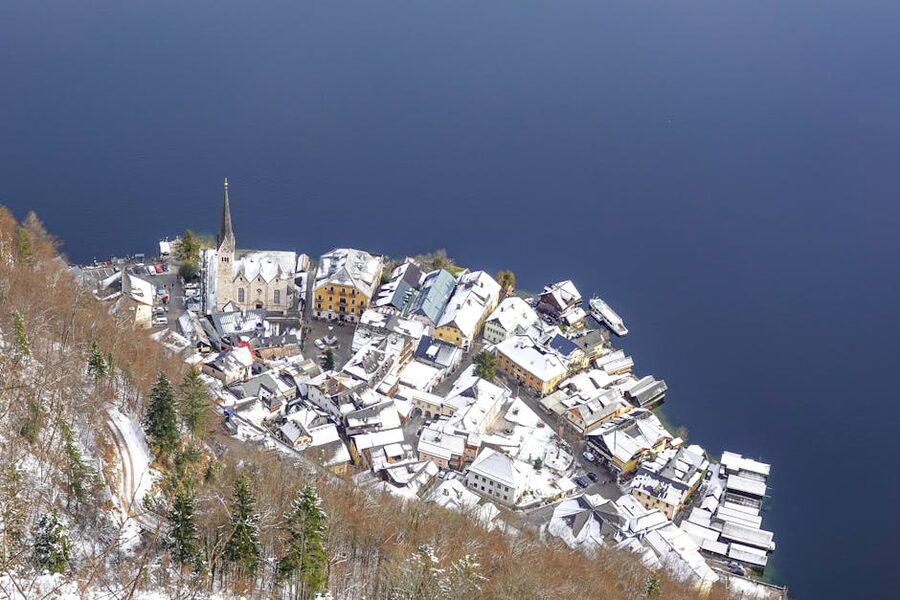 Hallstatt winter aerial snow