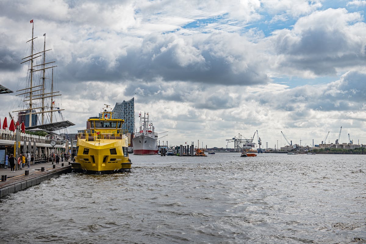 Hamburg harbor on a bright clear day with blue sky