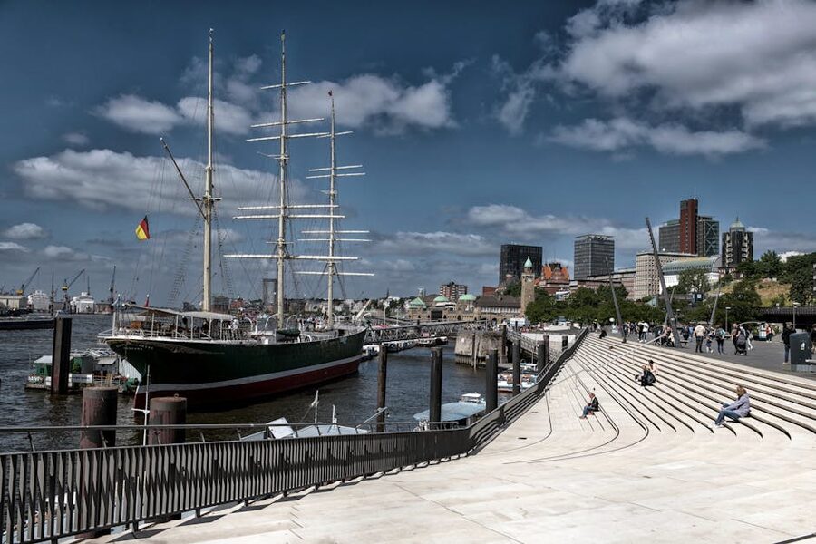 Hamburg harbor with tall ship