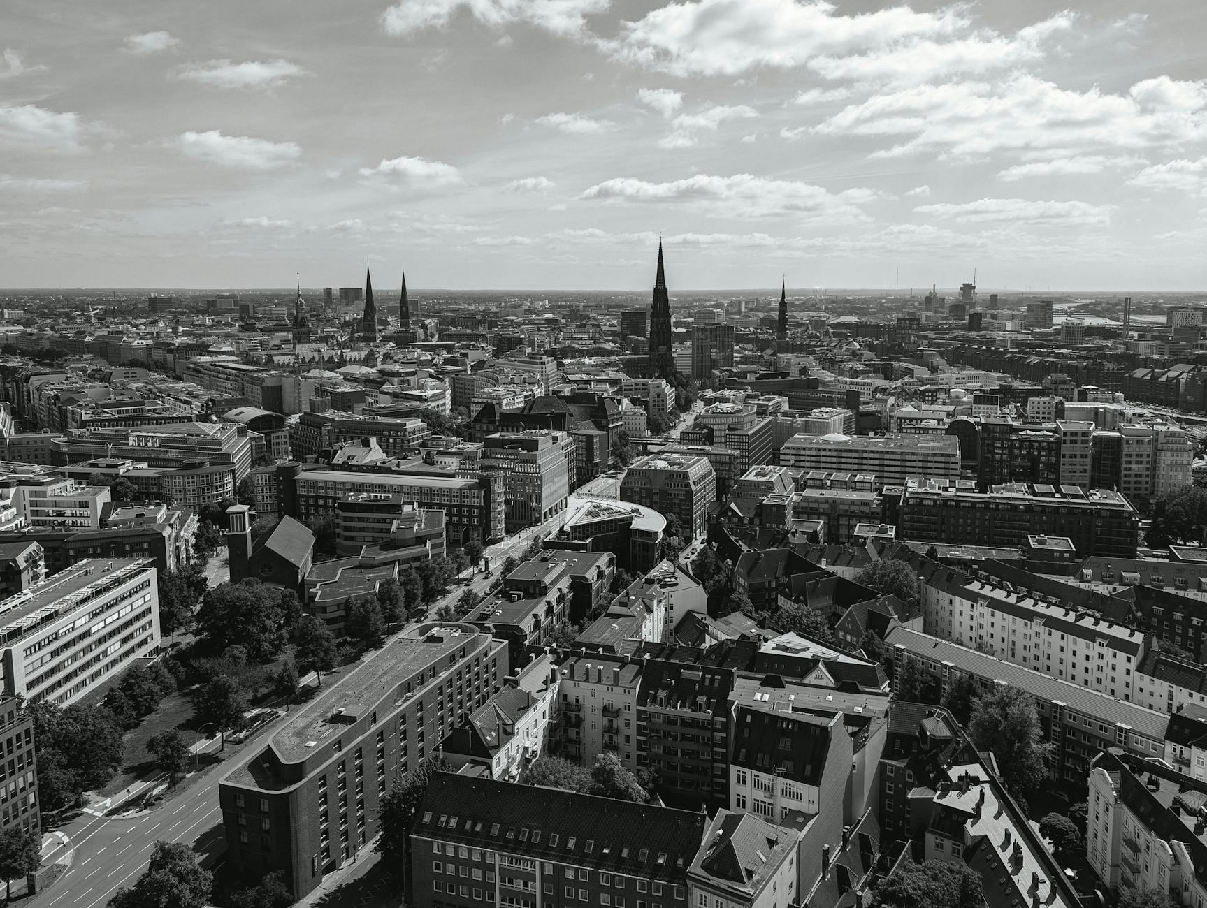 Aerial view of Hamburg city skyline with harbour