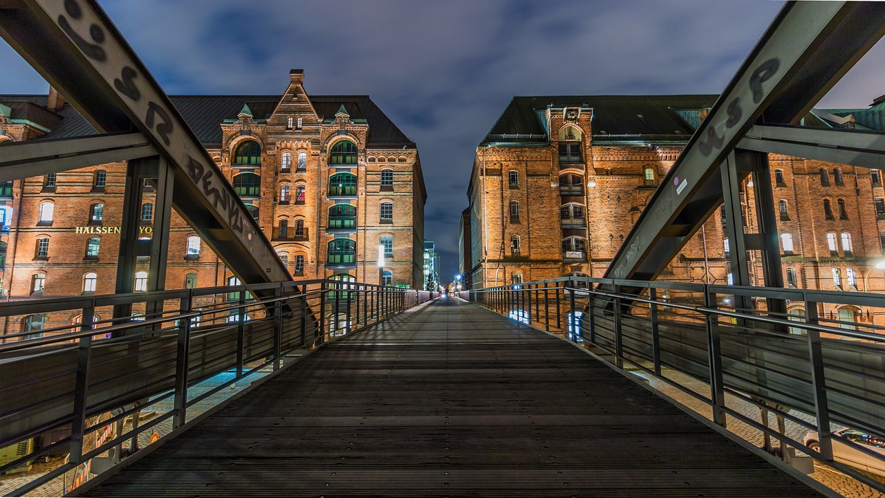 The red-brick warehouses of Hamburg Speicherstadt reflected in canal water