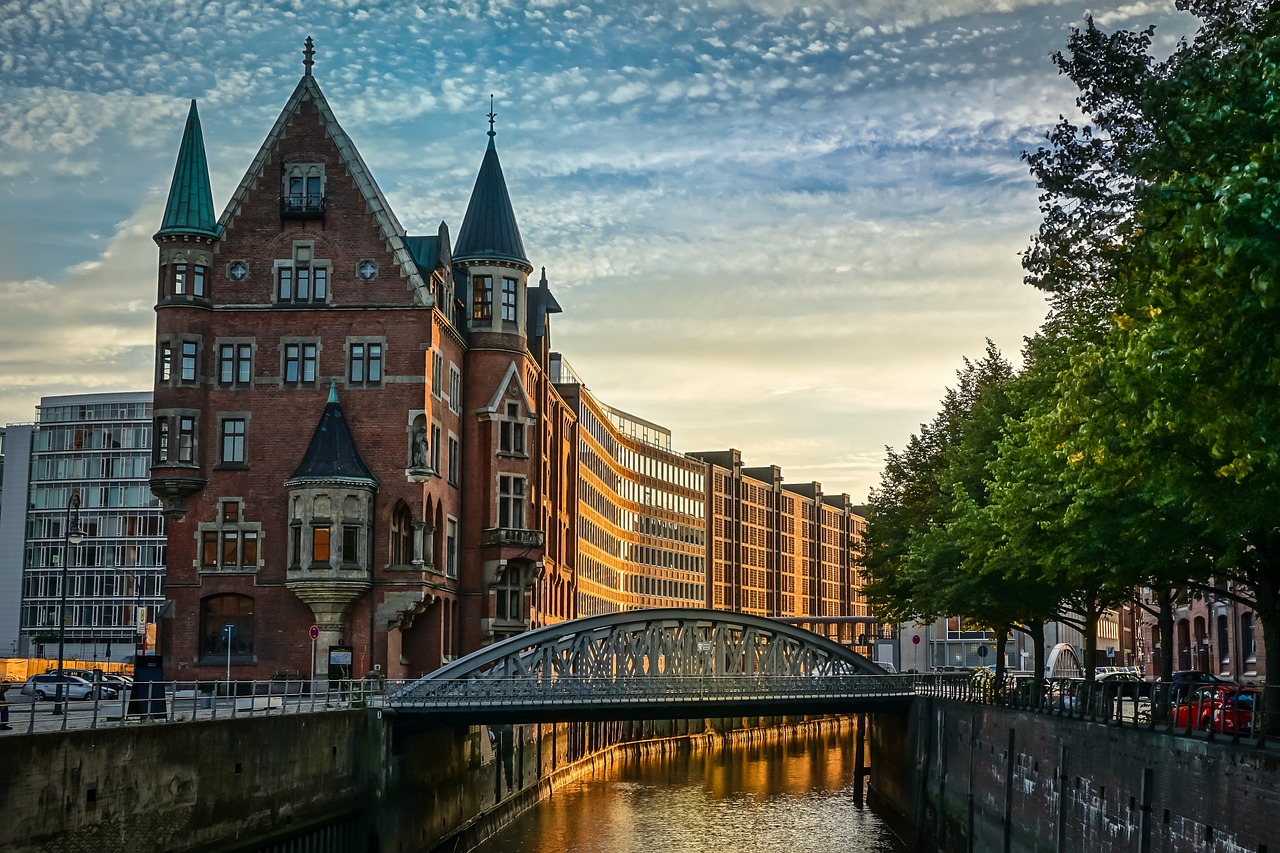 Narrow canal between Speicherstadt warehouse buildings