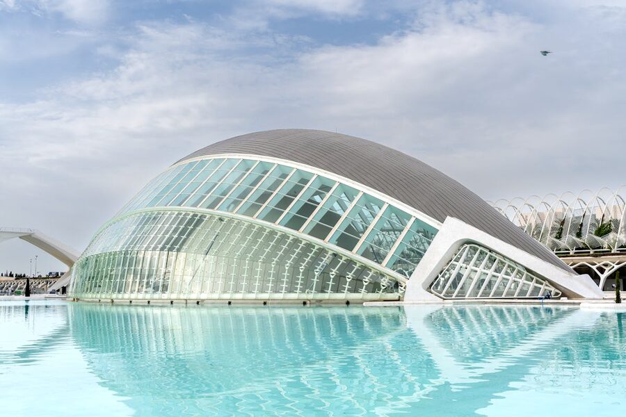 Futuristic design of Hemisferic building in Valencia City of Arts and Sciences