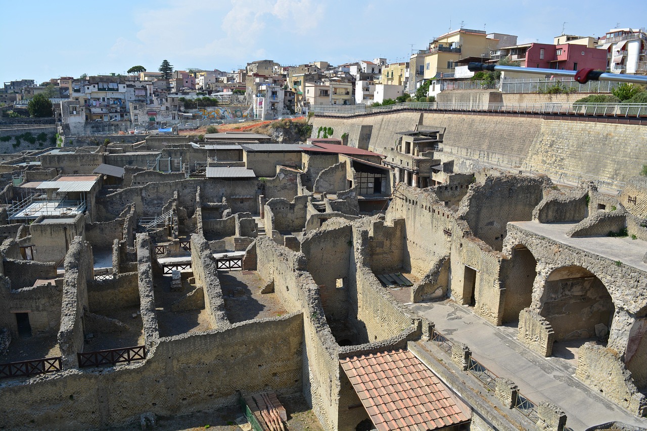 Modern Ercolano with the Herculaneum ruins below and Mount Vesuvius in the distance