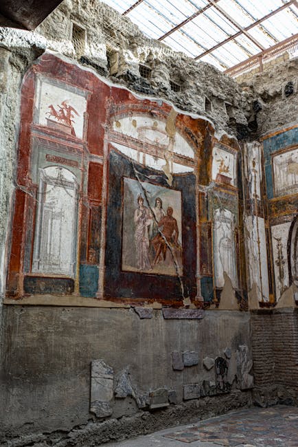 Detailed view of a Roman fresco preserved on walls at the Herculaneum archaeological site