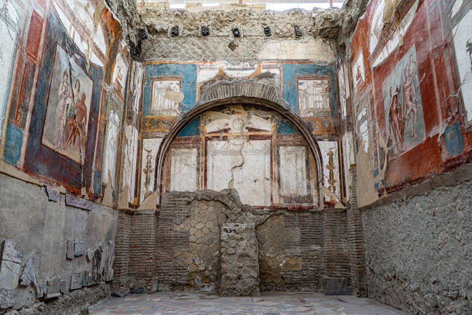 Ancient frescoes preserved inside a room at the Herculaneum archaeological site near Naples