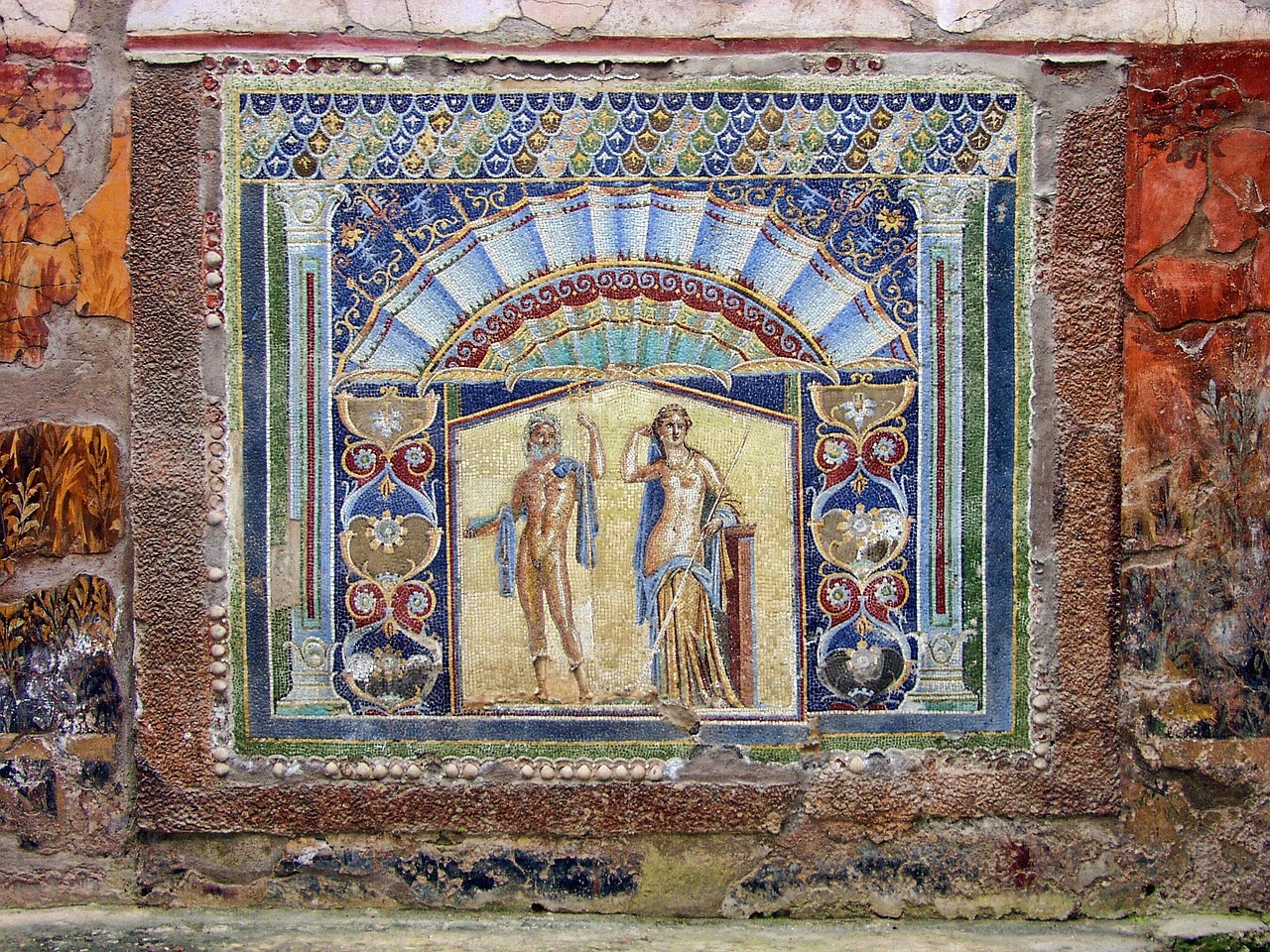 Colorful ancient mosaic with fine detail at the Herculaneum archaeological site