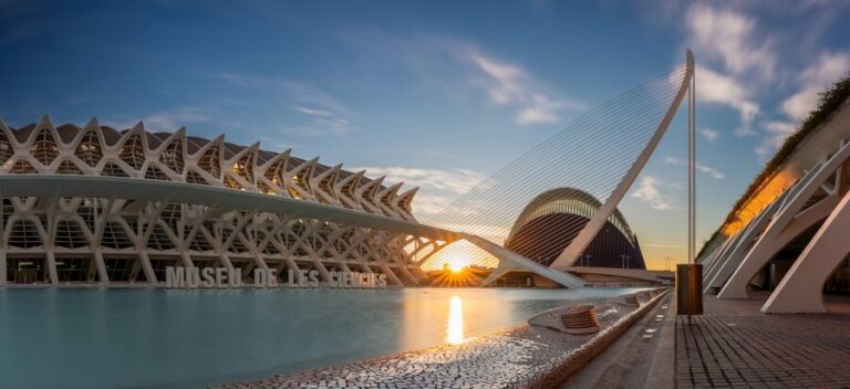 Sunrise over the City of Arts and Sciences complex in Valencia with reflections in the water