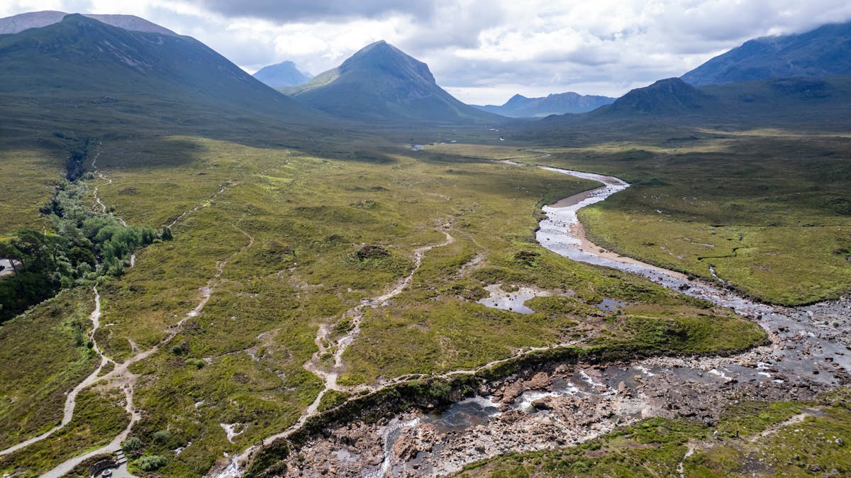 Aerial view of the Scottish Highlands with rolling hills and a winding river