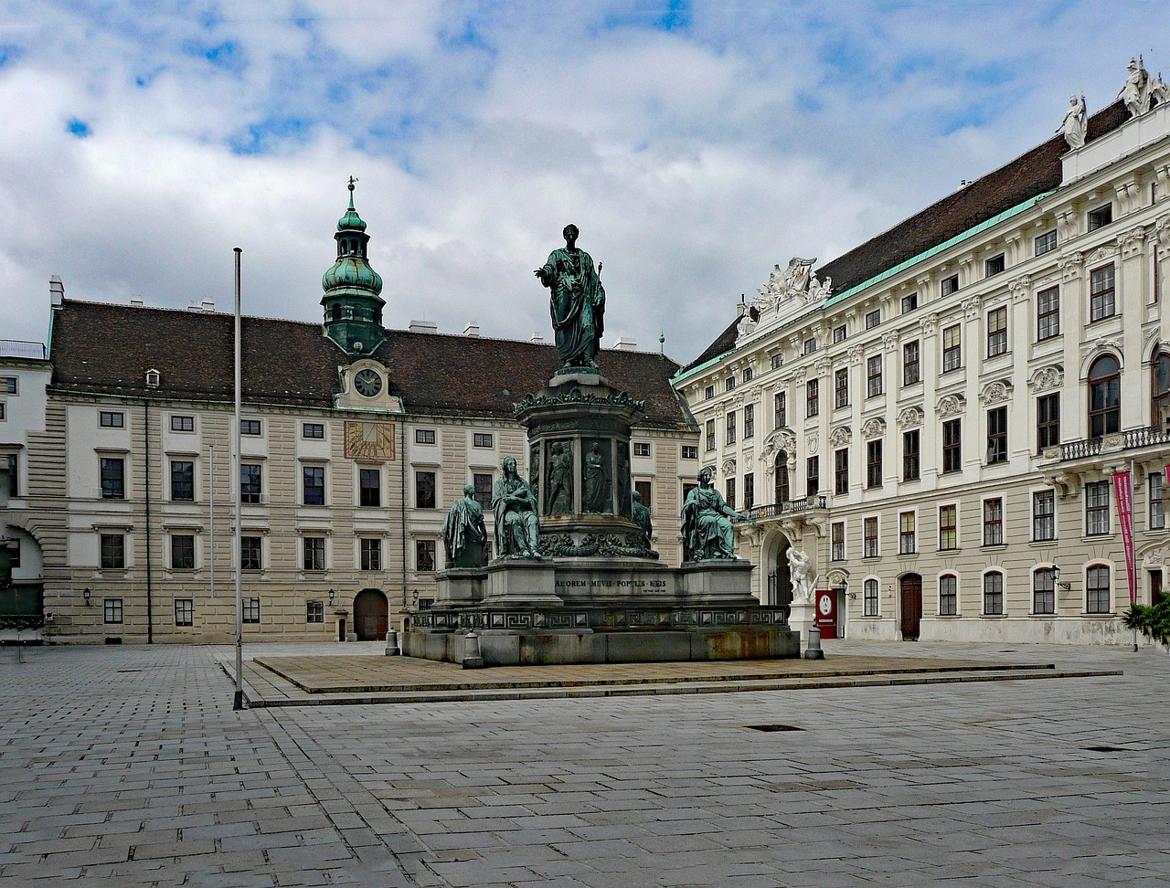 Wide angle view of the Hofburg Palace complex showing the sprawling buildings and courtyard in Vienna