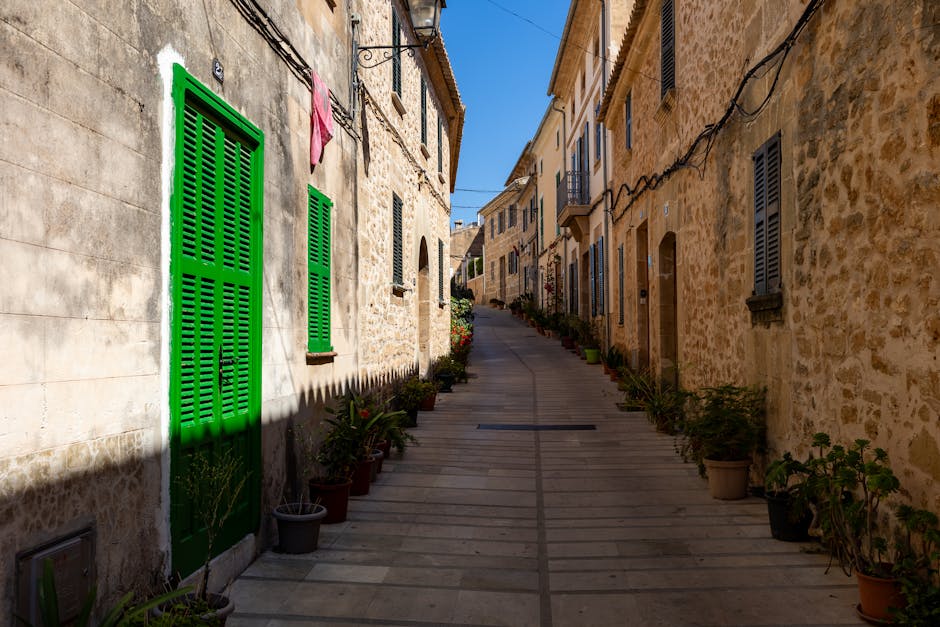 Stone houses with green shutters in Palma old town