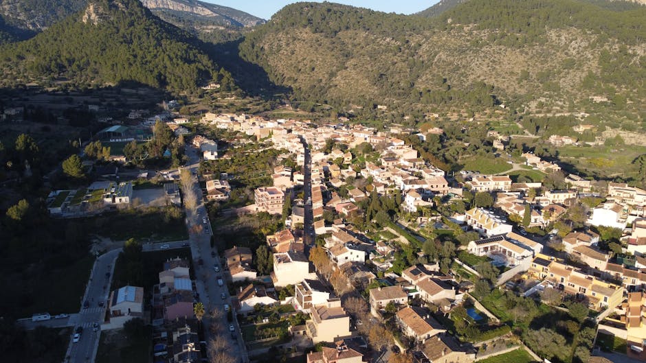 Aerial view of Puigpunyent village in the mountains of Mallorca