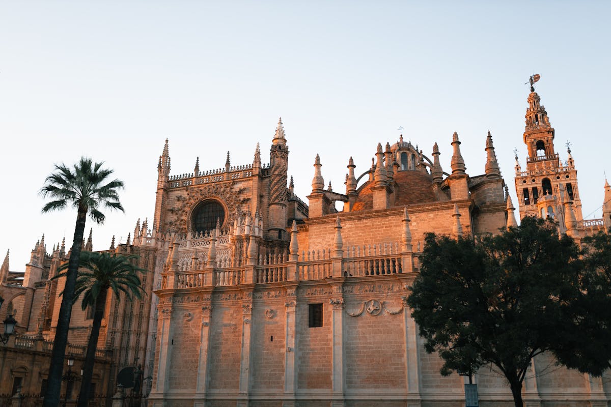 Seville Cathedral illuminated in warm evening light with Gothic spires against the sky