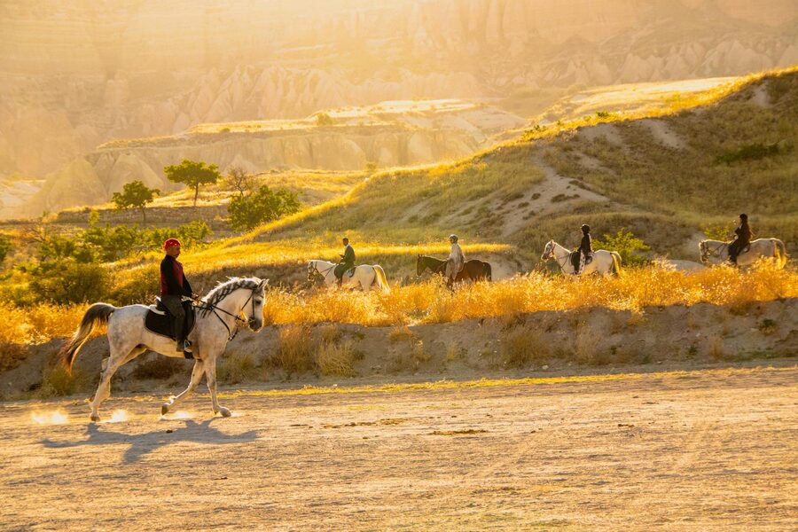 Horseback riders at sunrise with golden hills in the background
