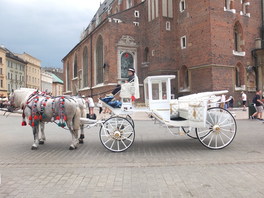 White horse-drawn carriage in front of brick church Krakow Old Town