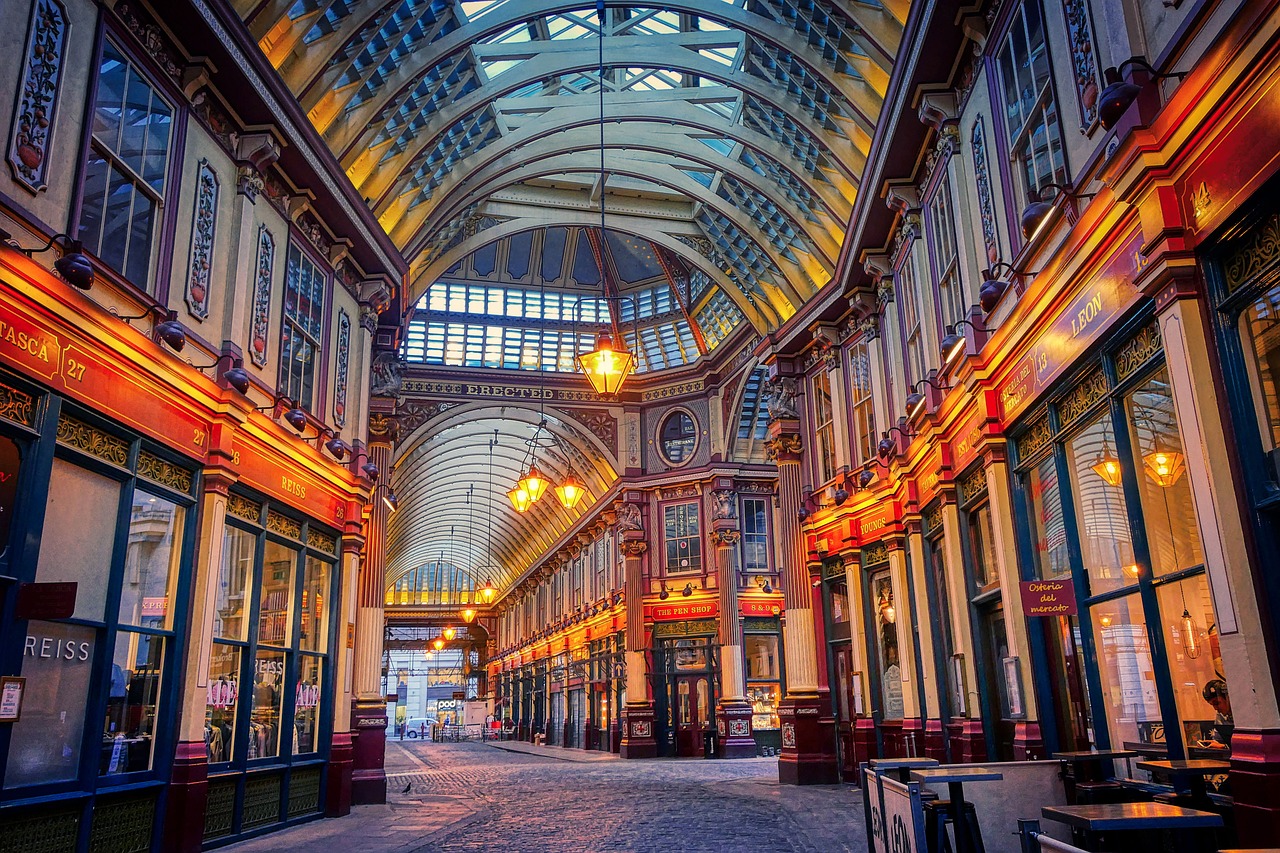 The covered interior of Leadenhall Market in London with ornate Victorian architecture