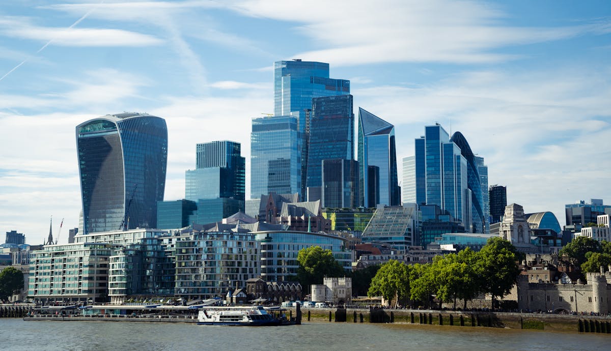 A panoramic view of London skyline along the River Thames on a clear day