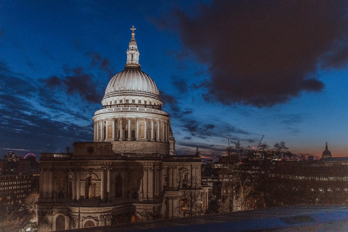 St Pauls Cathedral illuminated at night with London skyline