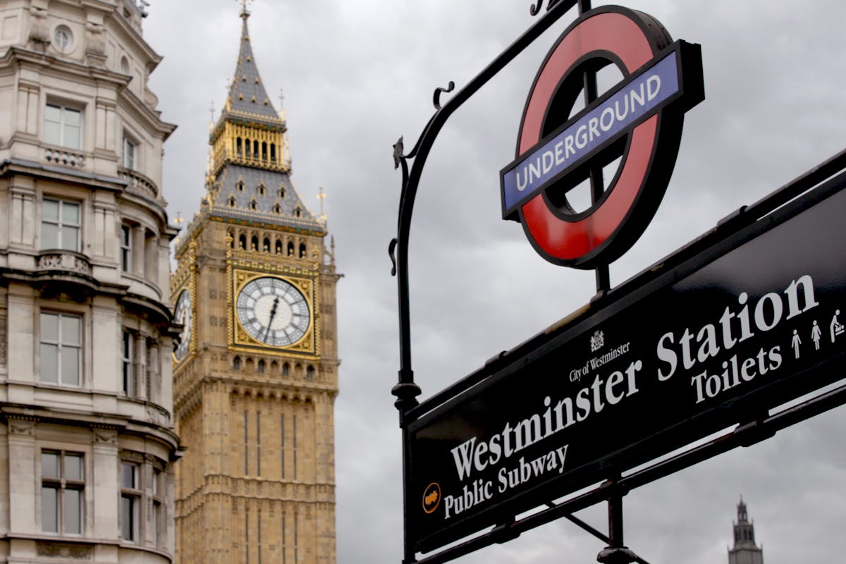 Big Ben and the Westminster Underground station sign in London