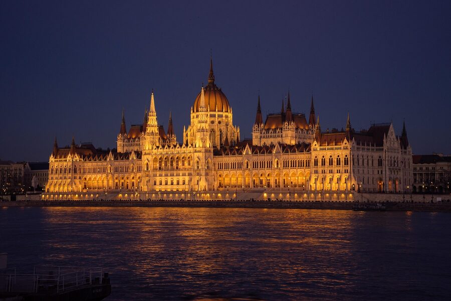 Hungarian Parliament along the Danube in Budapest at dusk