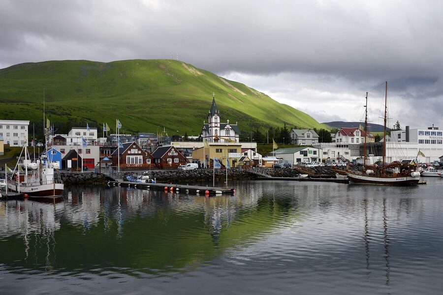 Husavik port Skjalfandi Bay sailing ships Iceland