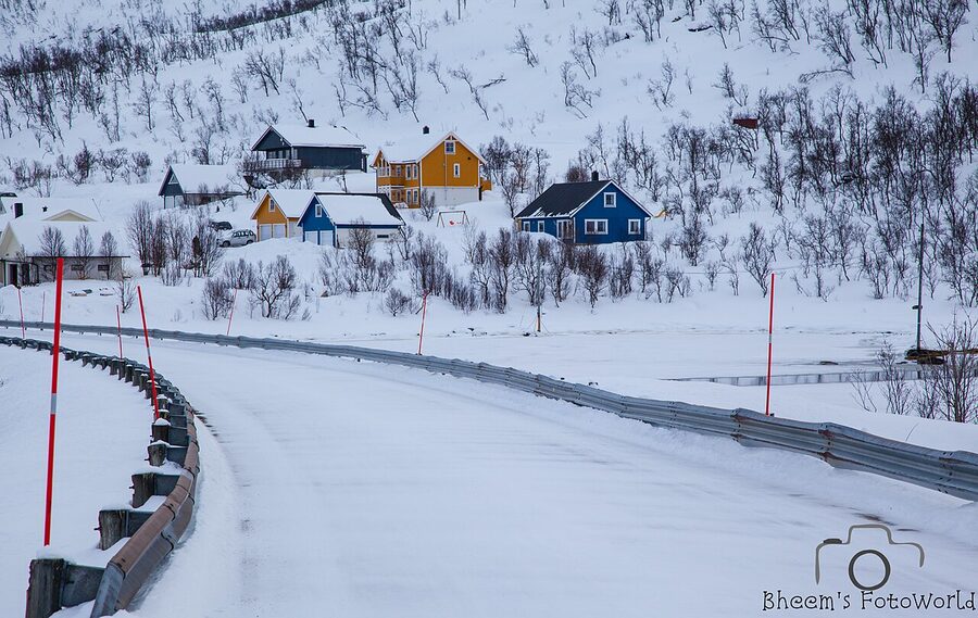White village in winter Tromso Norway