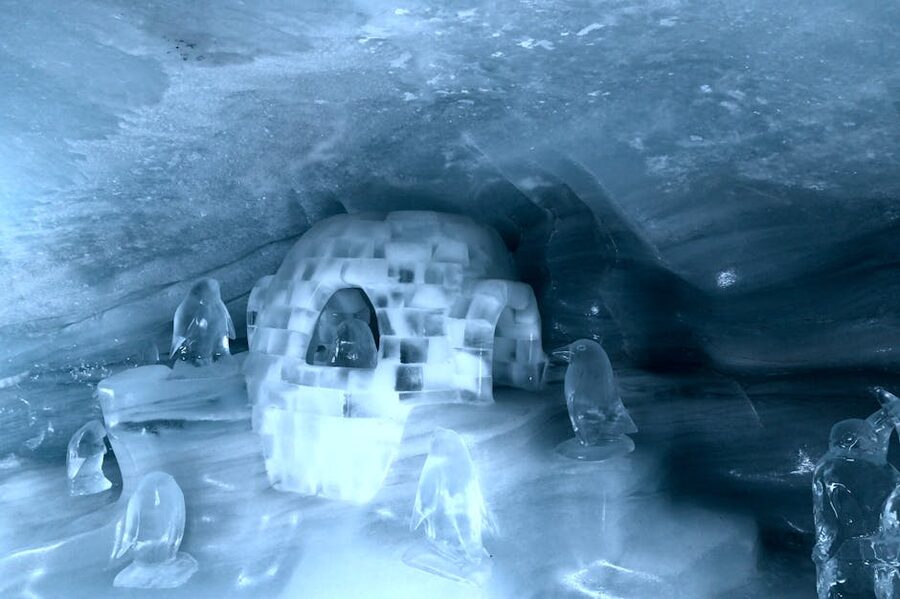Ice cave with igloo and penguin sculptures