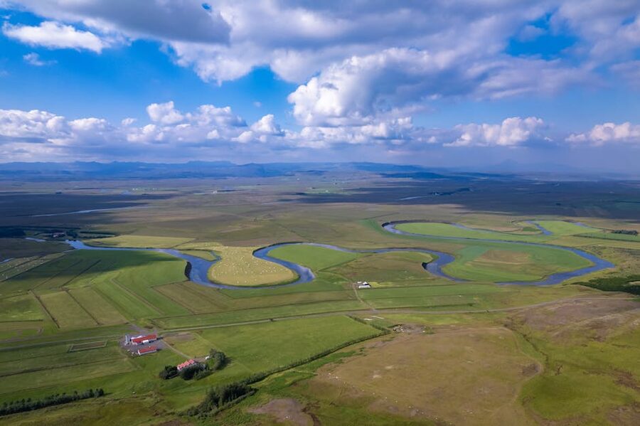 Aerial view of Icelandic countryside winding river