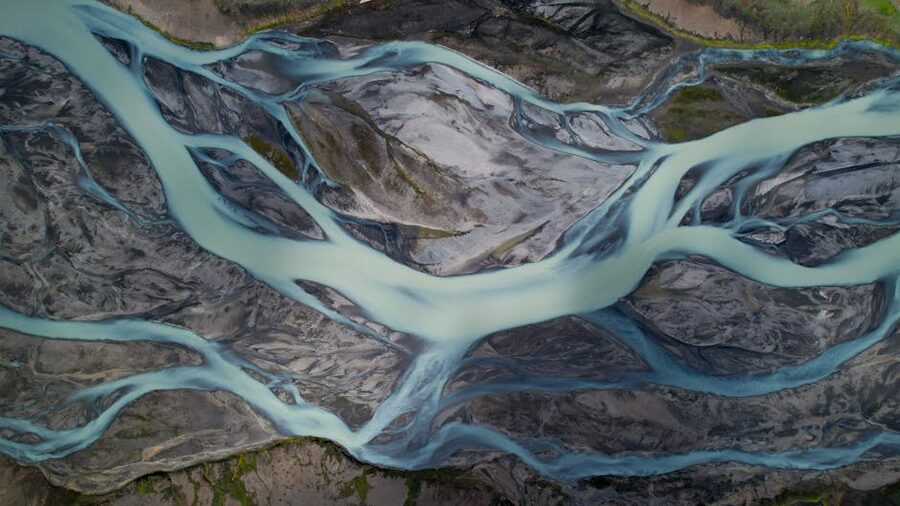 Aerial of glacier river patterns Iceland