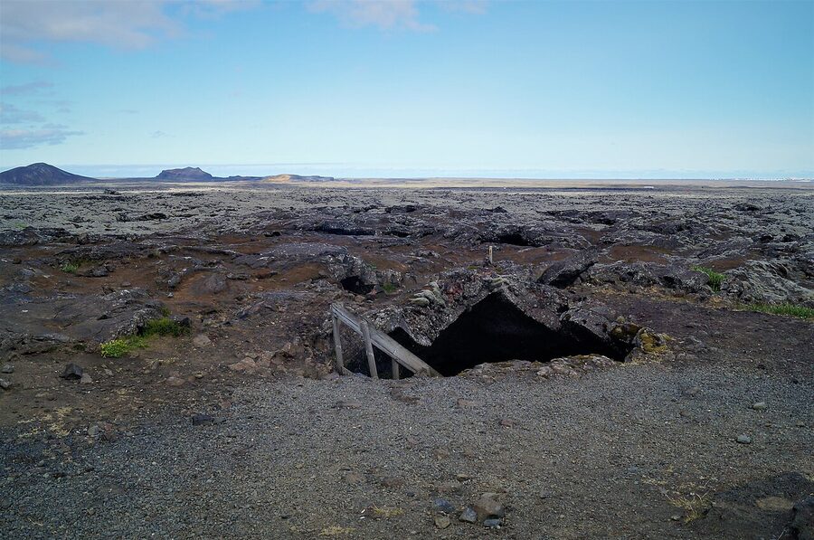 Lava cave entrance from above Iceland