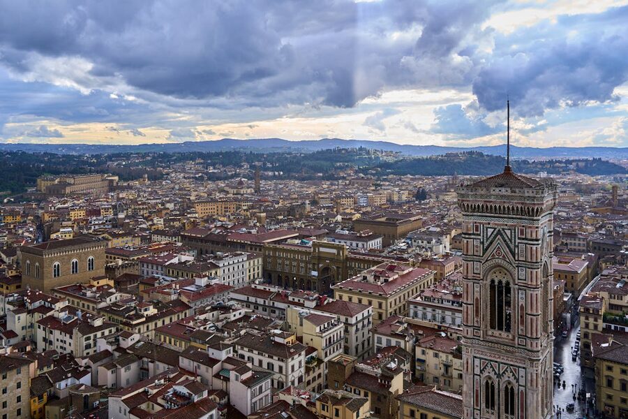 Aerial view of Florence Cathedral bell tower and surrounding buildings