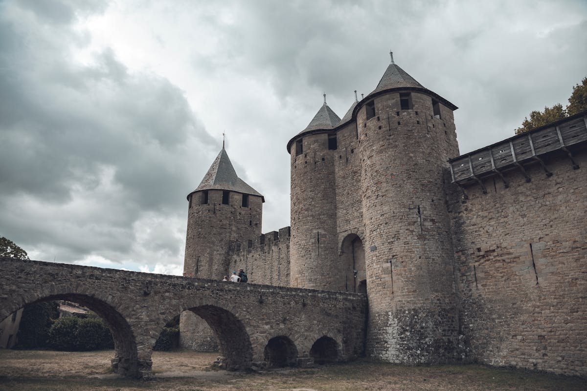 Medieval castle towers and stone bridge at Carcassonne